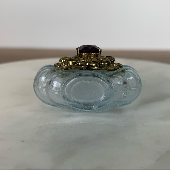 Miniature Glass Perfume Bottle Vintage Ornate Brass Purple Rhinestone Twist Cap - Picture 10 of 13